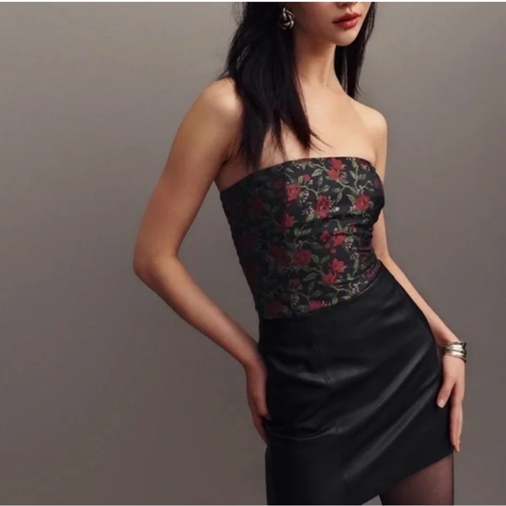 Reformation Black and Red Floral Strapless top